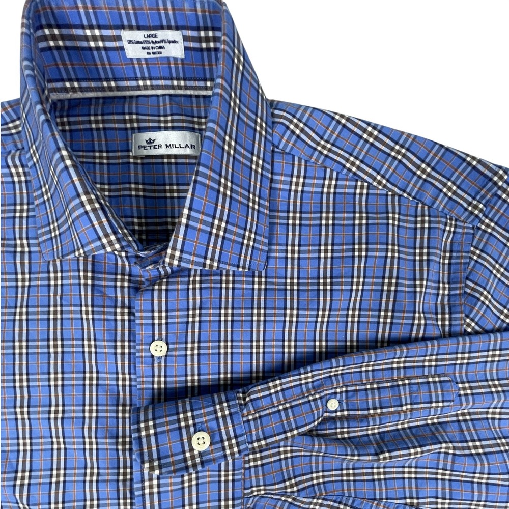 Peter Millar Button Up Mens Large Blue Plaid Long Sleeve Stretch Cotton Blend